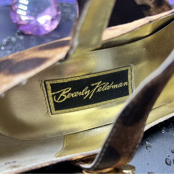 Beverly Feldman Animal Print and Brown Suede Wedge Heels with Rhinestone Brooch - Picture 4 of 8